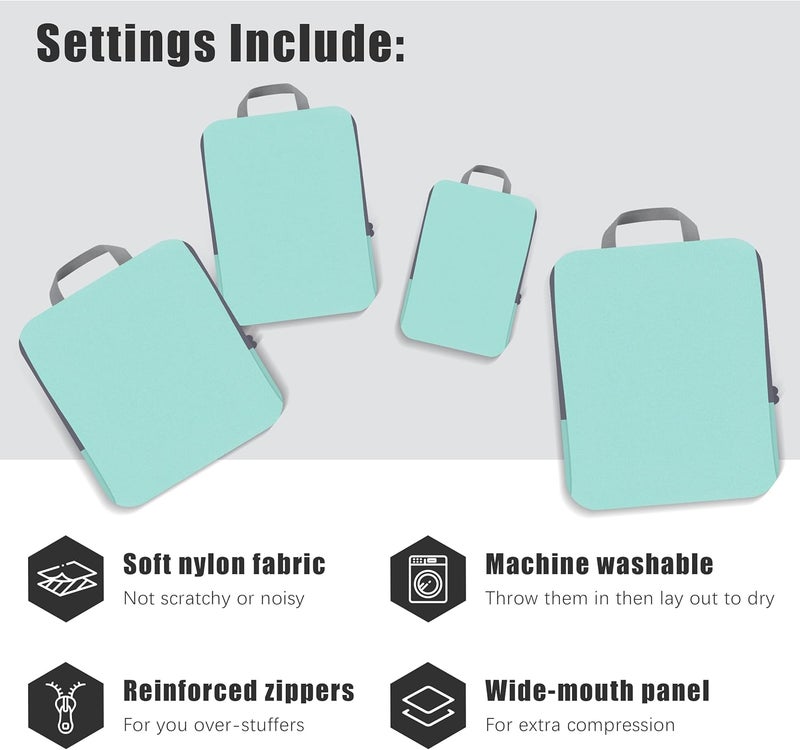 PANDA JOYS 4 Set Compression Packing Cubes Travel - Travel Accessories Expandable Packing Organizers for Carry On - Essentials Luggage Bags - Light Teal - Image 3